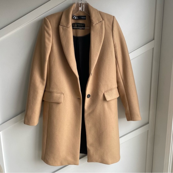 ZARA Classic Manteco Wool Blend Coat MENSWEAR STYLE CAMEL size XS Women's Tan - Picture 9 of 10